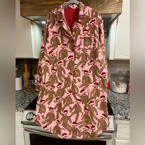 Nick & Nora Pink Flannel Sock Monkey Santa Sleep Shirt Nightgown XMAS